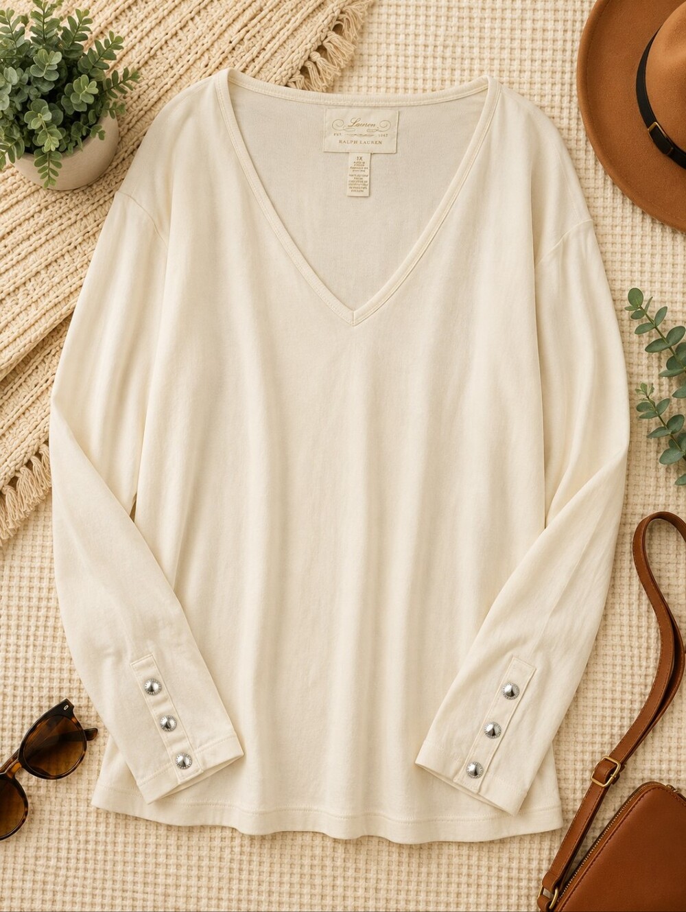 Lauren Ralph Lauren 1X Cream Cotton V Neck Button Cuff Top